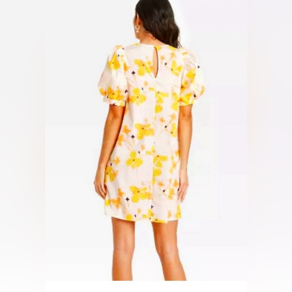 NWT A New Day Yellow White Floral Spring Cotton Puff Sleeve Mini Dress Size L - Picture 2 of 6
